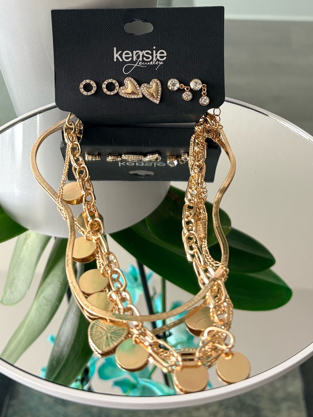 Kensie Layered Charm Necklace with Matching Studs